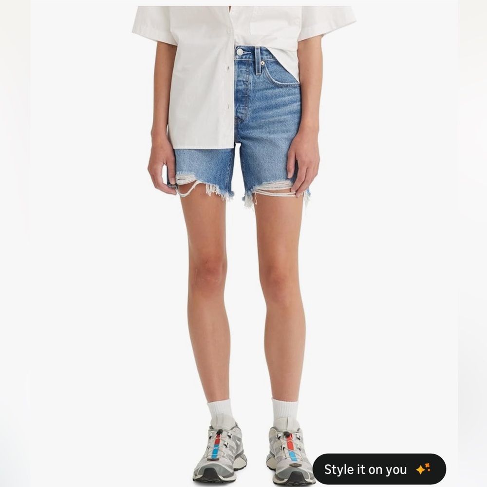 NWT! Levi's Women's 501 Mid Thigh Short - Medium Indigo Destructed - 27